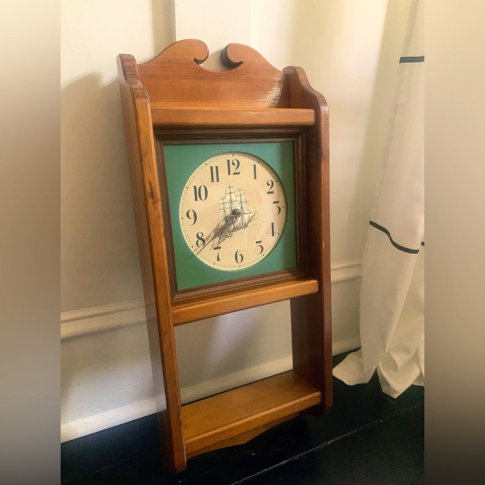 Vintage Solid Wood Wall Clock 2 Tier Display Shelves Sailing Ship Clock Face